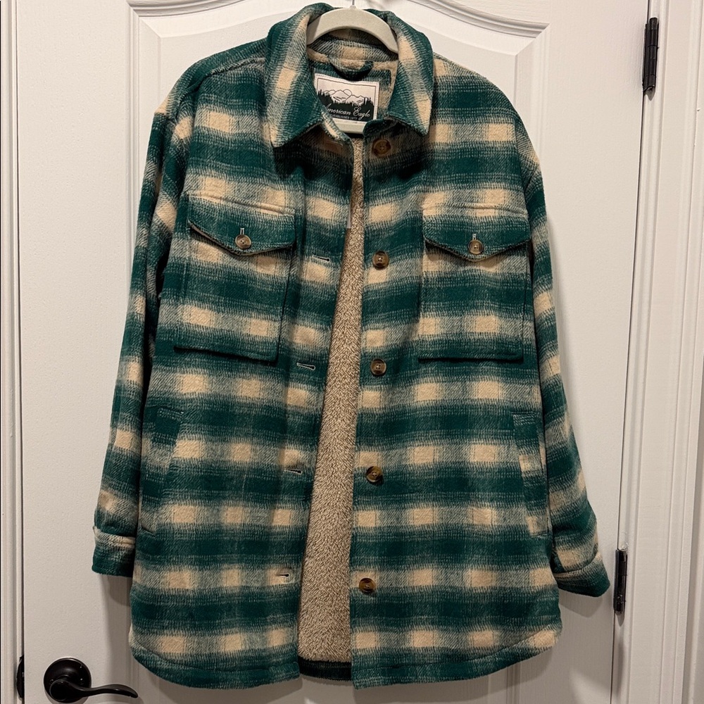 American Eagle Outfitters Green and Cream Plaid Shirt Jacket